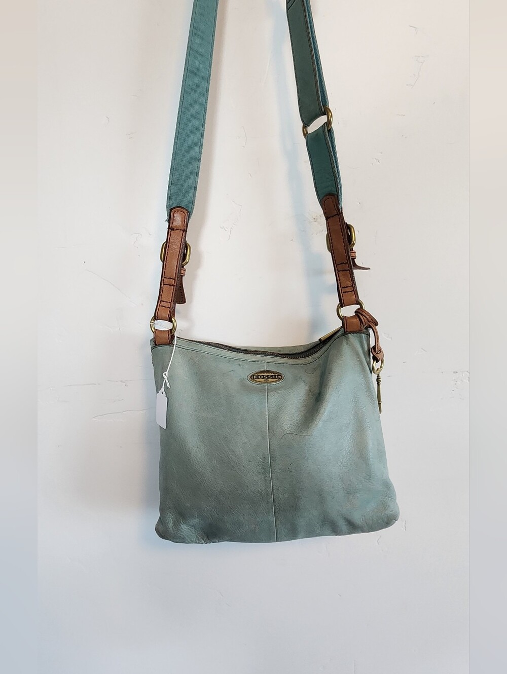 Fossil Green Leather Crossbody with Brown Trim